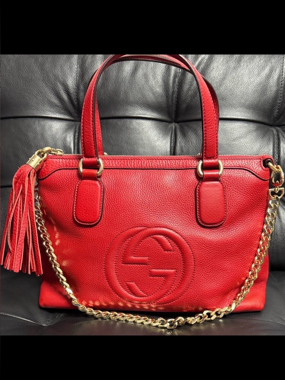 Gucci Soho Red Leather Shoulder Bag with Gold Chain and Leather Tassel